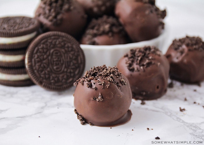 Oreo cookie truffles on a counter