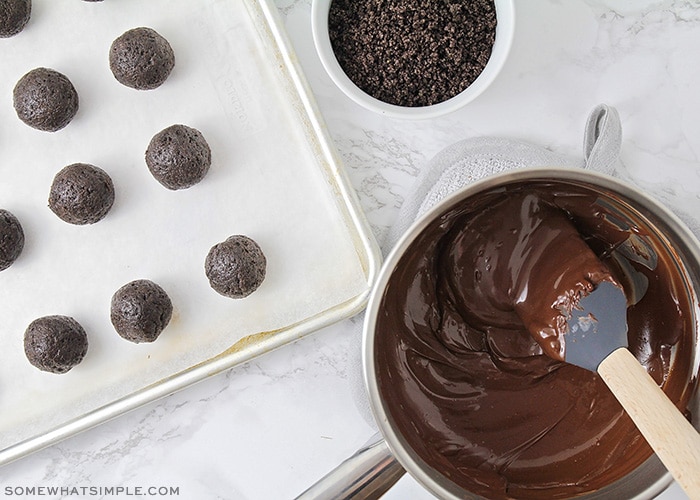 Oreo balls on a cookie sheet