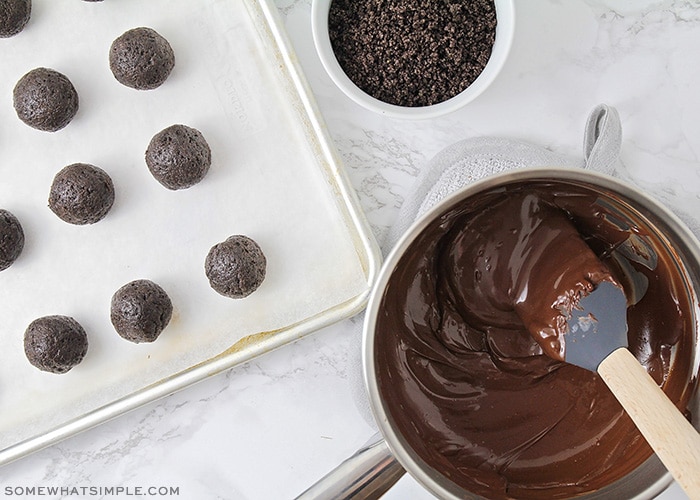 Oreo balls on a cookie sheet