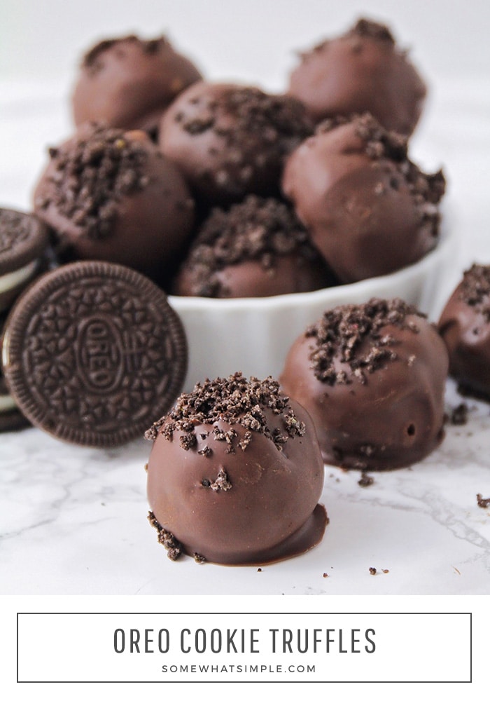 Oreo Cookie Truffles are an easy dessert that are made with the amazing combo of Oreo cookies and cream cheese. You only need 3 ingredients, so they're really easy to make and can be prepared in about 5 mins! These Oreo cookie balls are no bake and no fuss. I promise, you're going to love these! via @somewhatsimple