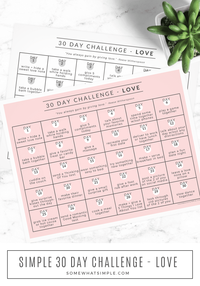 30 Day Love Challenge Free Printable From Somewhat Simple