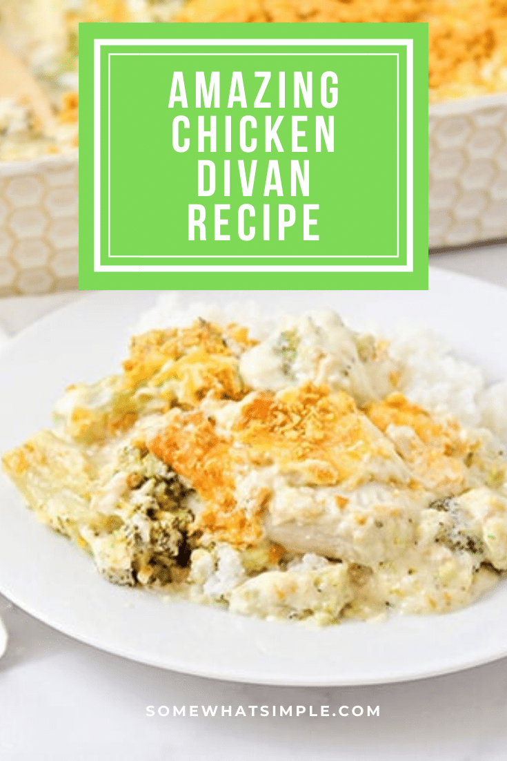 A family favorite dish in our home, this recipe for chicken divan is super simple to make and it tastes delicious!!! Made with chicken, fresh broccoli, a creamy sauce and a layer of cheese, this dinner recipe is super easy to make and tastes amazing! #chickendivanrecipe #easychickenrecipe #recipe #dinner #easydinneridea #chickendivan via @somewhatsimple