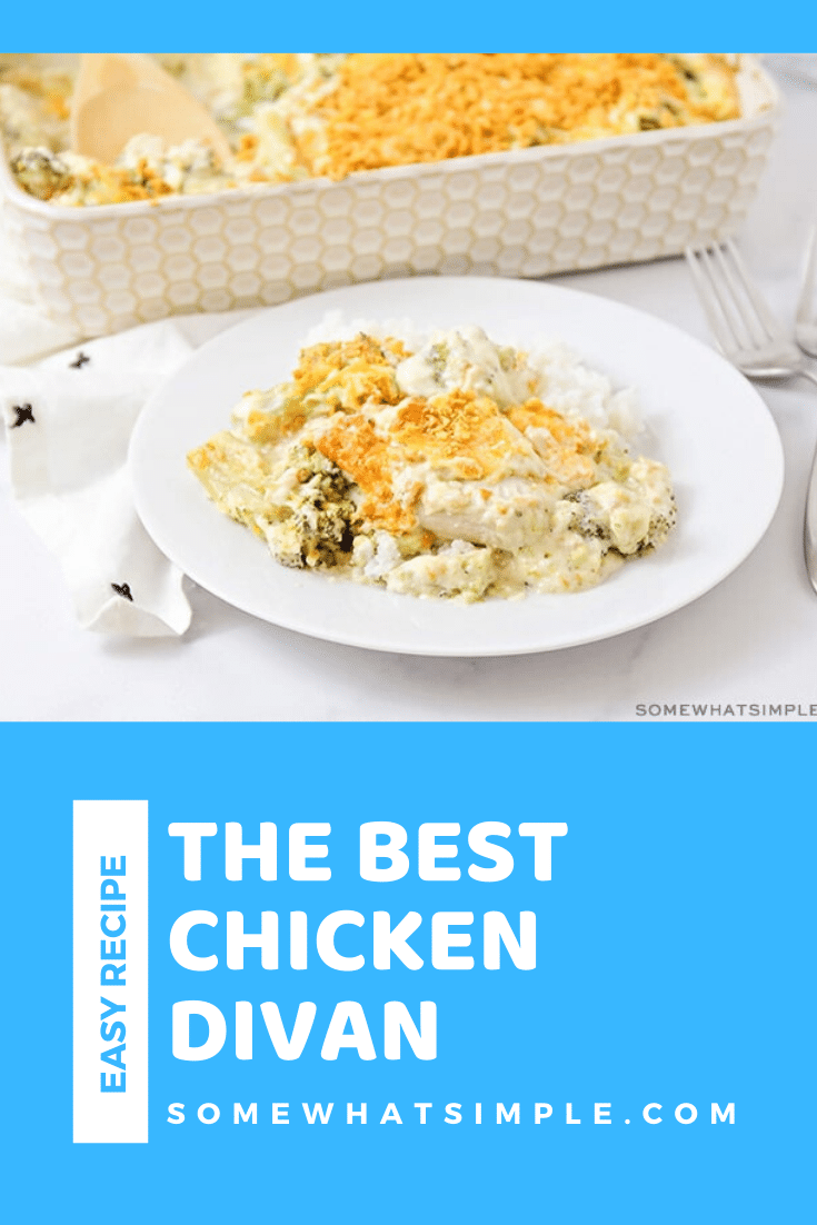 A family favorite dish in our home, this recipe for chicken divan is super simple to make and it tastes delicious!!! Made with chicken, fresh broccoli, a creamy sauce and a layer of cheese, this dinner recipe is super easy to make and tastes amazing! #chickendivanrecipe #easychickenrecipe #recipe #dinner #easydinneridea #chickendivan via @somewhatsimple