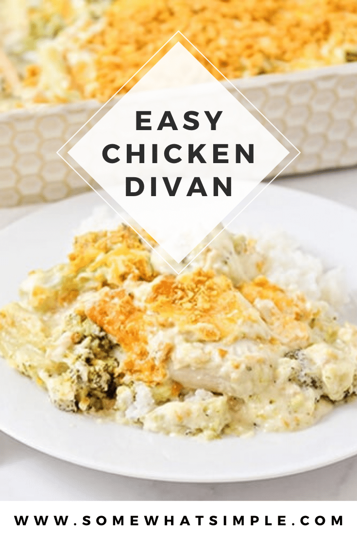 A family favorite dish in our home, this recipe for chicken divan is super simple to make and it tastes delicious!!! Made with chicken, fresh broccoli, a creamy sauce and a layer of cheese, this dinner recipe is super easy to make and tastes amazing! #chickendivanrecipe #easychickenrecipe #recipe #dinner #easydinneridea #chickendivan via @somewhatsimple