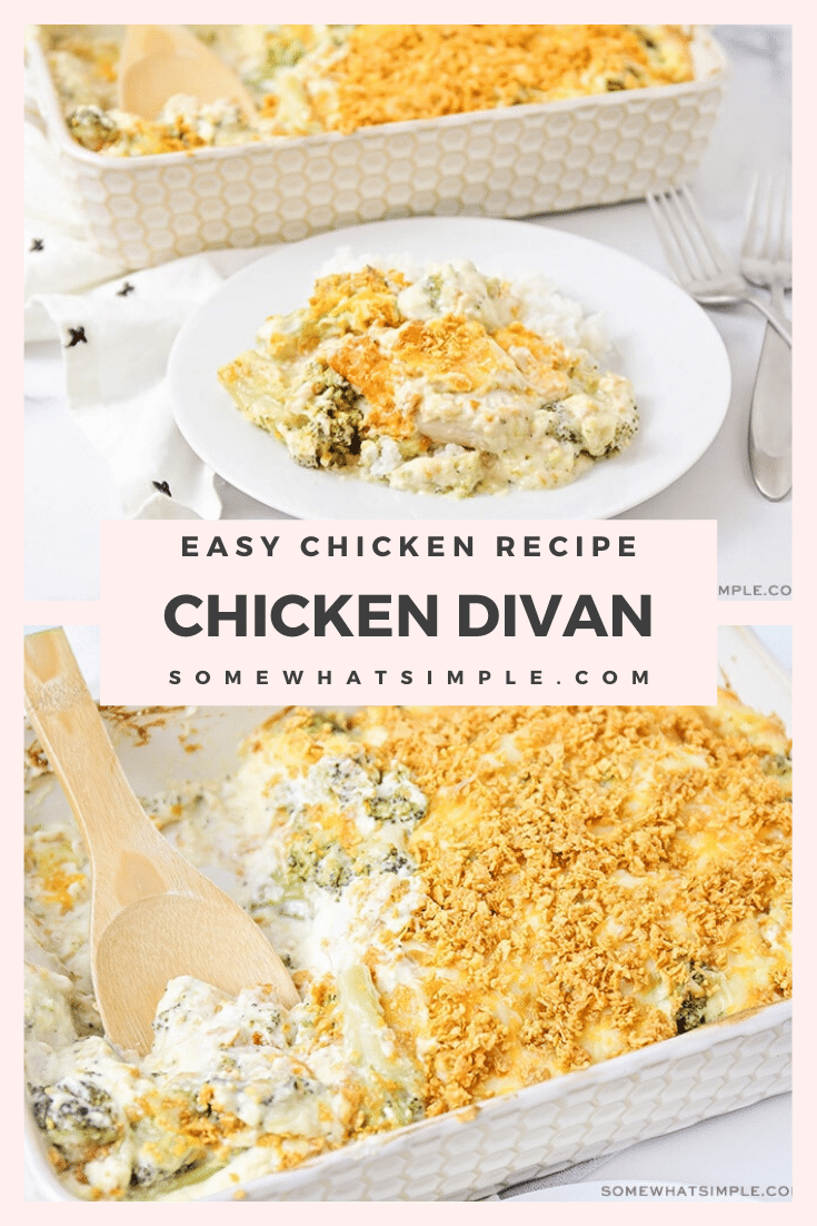 A family favorite dish in our home, this recipe for chicken divan is super simple to make and it tastes delicious!!! Made with chicken, fresh broccoli, a creamy sauce and a layer of cheese, this dinner recipe is super easy to make and tastes amazing! #chickendivanrecipe #easychickenrecipe #recipe #dinner #easydinneridea #chickendivan via @somewhatsimple