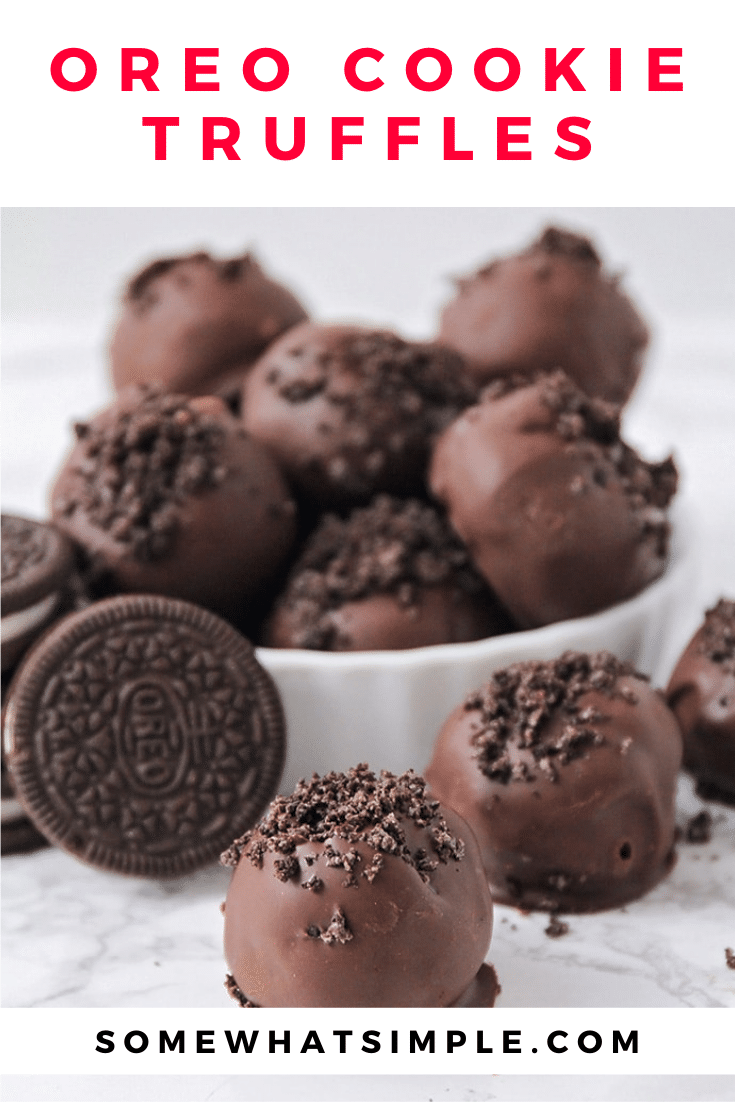 Oreo Cookie Truffles are an easy dessert that are made with the amazing combo of Oreo cookies and cream cheese. You only need 3 ingredients, so they're really easy to make and can be prepared in about 5 mins! These Oreo cookie balls are no bake and no fuss. I promise, you're going to love these! via @somewhatsimple