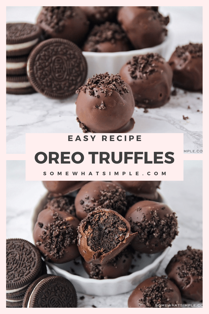 Oreo Cookie Truffles are an easy dessert that are made with the amazing combo of Oreo cookies and cream cheese. You only need 3 ingredients, so they're really easy to make and can be prepared in about 5 mins! These Oreo cookie balls are no bake and no fuss. I promise, you're going to love these! via @somewhatsimple