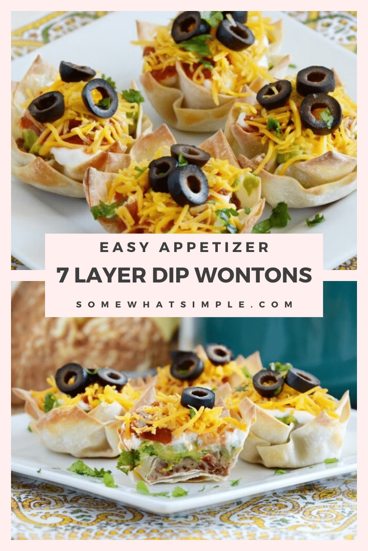 These seven layer dip cups are super simple to make and perfect as a side dish or appetizer.  Made with delicious guacamole, beans, salsa and other delicious layers they are incredibly delicious! #minisevenlayerdipcups #7layerdipappetizer #easysevenlayerdip #7layerdipmexicancups #mexicanappetizer via @somewhatsimple