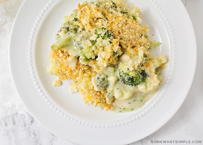 looking down on a serving of a casserole made with broccoli, cauliflower and cheddar cheese