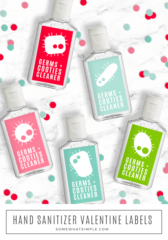 Turn an ordinary bottle of hand sanitizer into a darling "Cooties Cleaner" that kids will LOVE! There's no better way to rid the germs from stinky boys and giggling girls! #valentinesdayprintable #cootiecleanerprintable #cootiecleanervalentinefreeprintable via @somewhatsimple