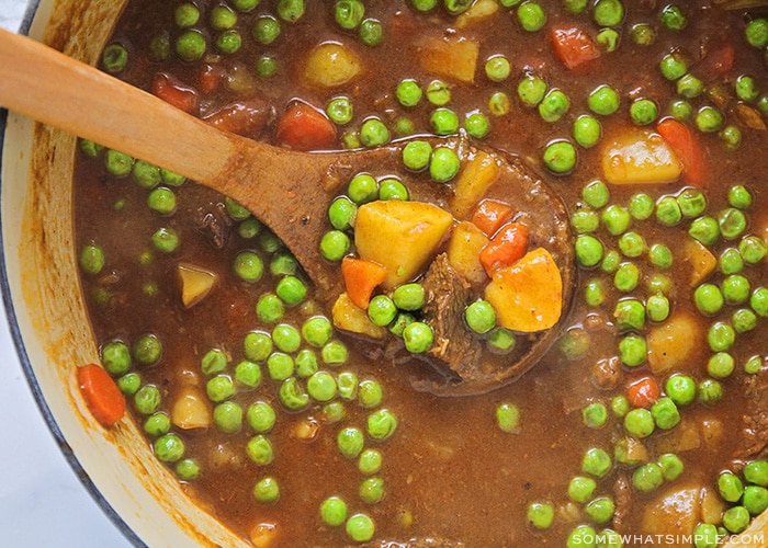 a pot filled with traditional irish stew