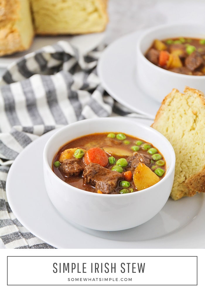 This savory and flavorful Irish stew is loaded with tender beef and vegetables. It's thick and hearty, and perfect for a cold night! #IrishStew #stpatricksdayrecipe #traditionalirishstewrecipe #irishstewrecipe #irishbeefstew #irishstew via @somewhatsimple