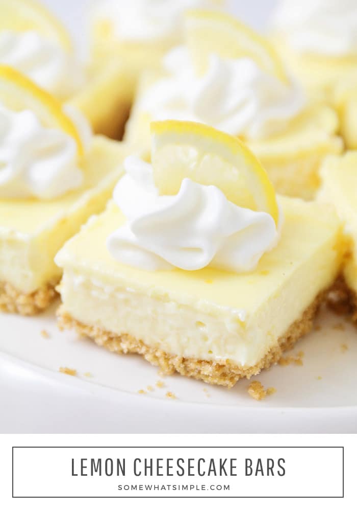 Perfectly light and sweet, these lemon cheesecake bars are great for a spring or summer dessert! Made with a graham cracker base and a delicious lemon cheesecake filling, these bars are simply irresistible. #lemoncheesecakebars #easylemoncheesecakebars #lemondessertrecipe #bestlemondessert #cheesecakebarrecipe via @somewhatsimple
