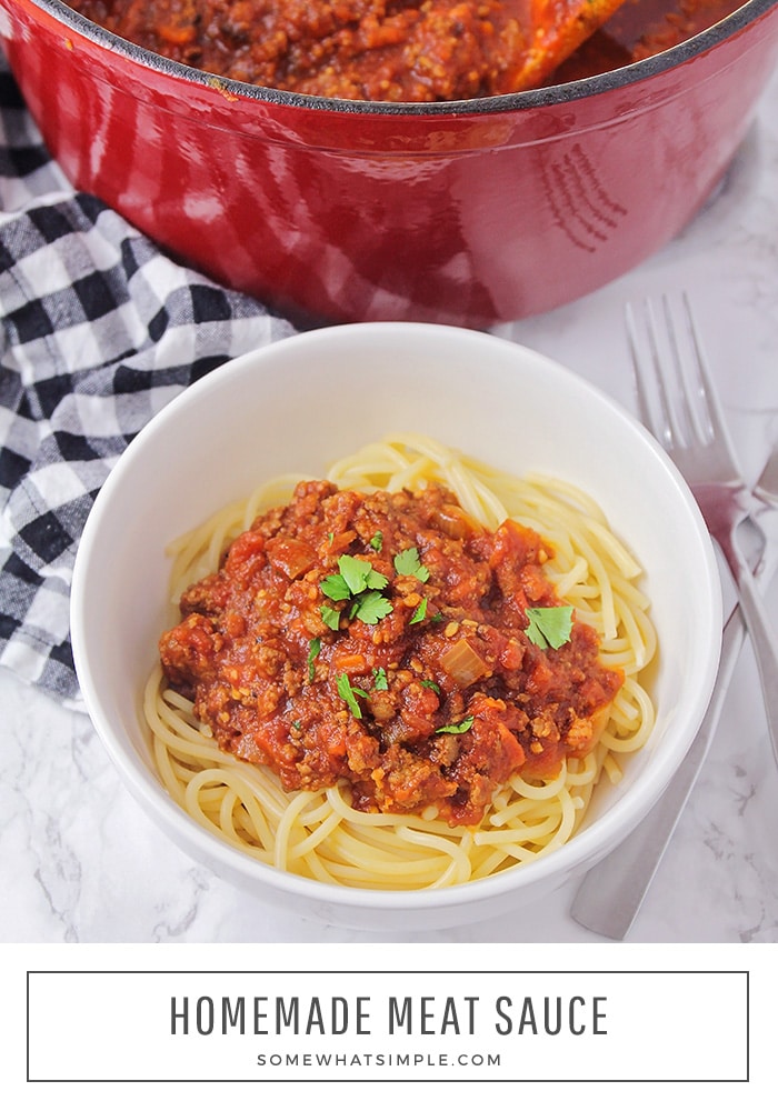 This simple homemade meat sauce is flavorful and savory. It's deliciously versatile and perfect for spaghetti, lasagna, or any pasta dish! #homemademeatsauce #besthomemadespaghettisauce #easymeatsaucerecipe #homemadepastasauce #howtomakemeatsauce via @somewhatsimple