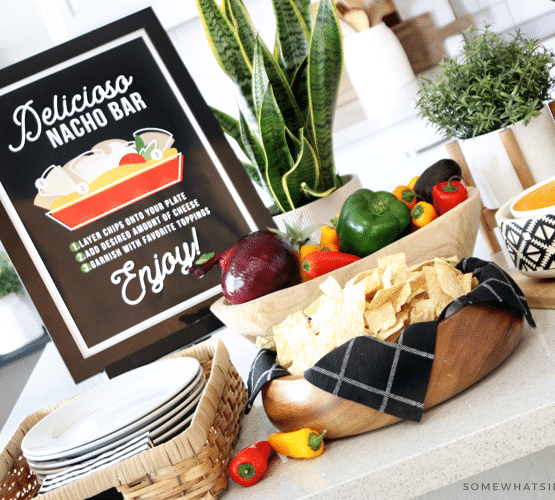 a nacho bar set out on a counter