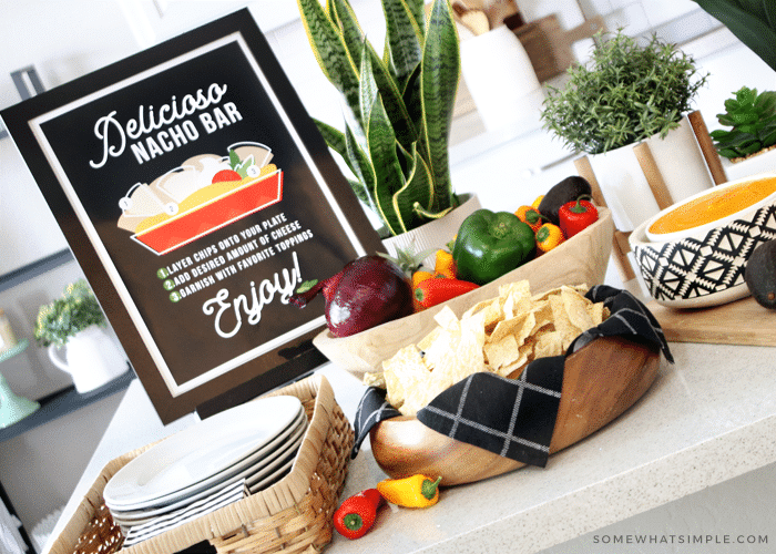 a nacho bar set out on a counter