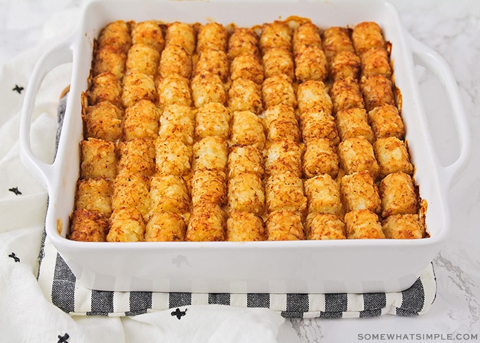 a freshly baked tater tot dinner casserole