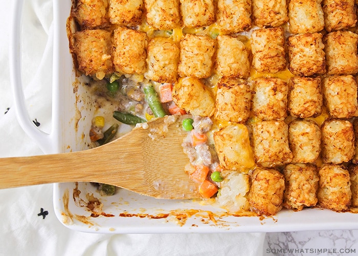 This savory and delicious tater tot casserole is easy to make, and totally kid-friendly. It's a hearty comfort food meal!