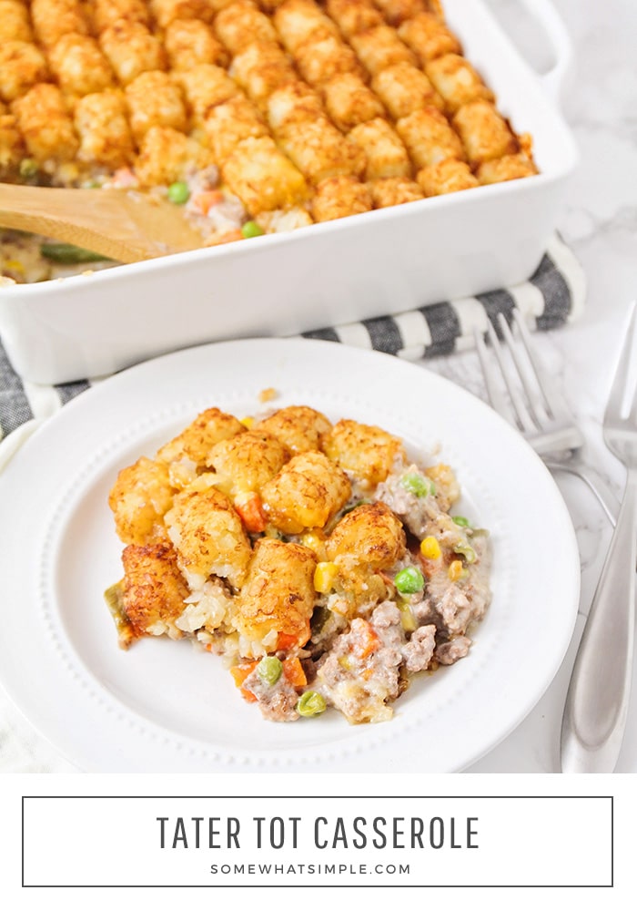 Tater Tot Casserole is a kid-friendly meal that is easy to make. This recipe is loaded with ground beef, vegetables, cheese and delicious tater tots. It's classic comfort food that is hearty, savory, and totally delicious! #tatertotcasserole #tatertotcasserolewithgroundbeef #easytatertotcasserolerecipe #tatertotcasserolerecipe #howtomakeatatertotcasserole via @somewhatsimple