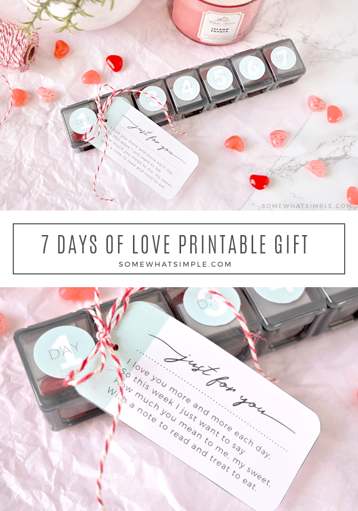 Surprise your special someone with seven cute love notes + small treats that you can have ready within minutes! Download this adorable free printable and create a week's worth of love notes for that special someone in your life. #7daysoflovenotesideas #lovenotes #printable #sevendaysoflovefreeprintable #iloveyou via @somewhatsimple