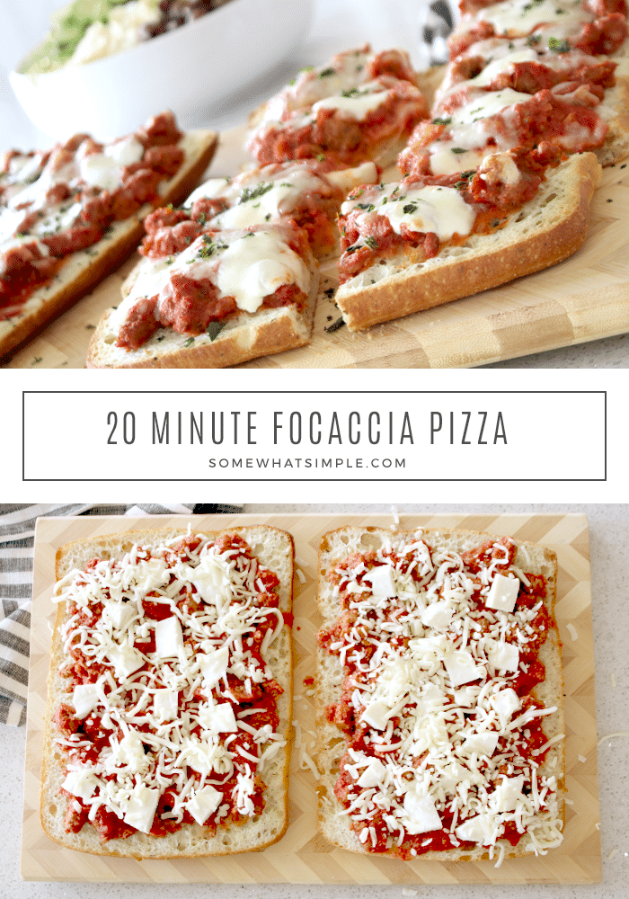 Focaccia Pizza is made with a deliciously soft bread topped with a hearty meat sauce and a duo of delicious cheeses! It's a twist on the classic pizza that tastes amazing and comes together in under 20 minutes! #homemadepizza #italiansausage #easydinner #focacciapizza #focacciapizzarecipe via @somewhatsimple