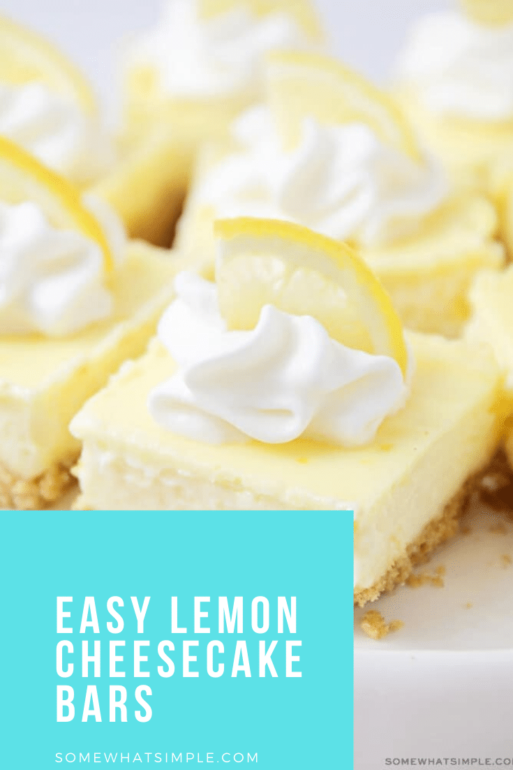 Perfectly light and sweet, these lemon cheesecake bars are great for a spring or summer dessert! Made with a graham cracker base and a delicious lemon cheesecake filling, these bars are simply irresistible. #lemoncheesecakebars #easylemoncheesecakebars #lemondessertrecipe #bestlemondessert #cheesecakebarrecipe via @somewhatsimple