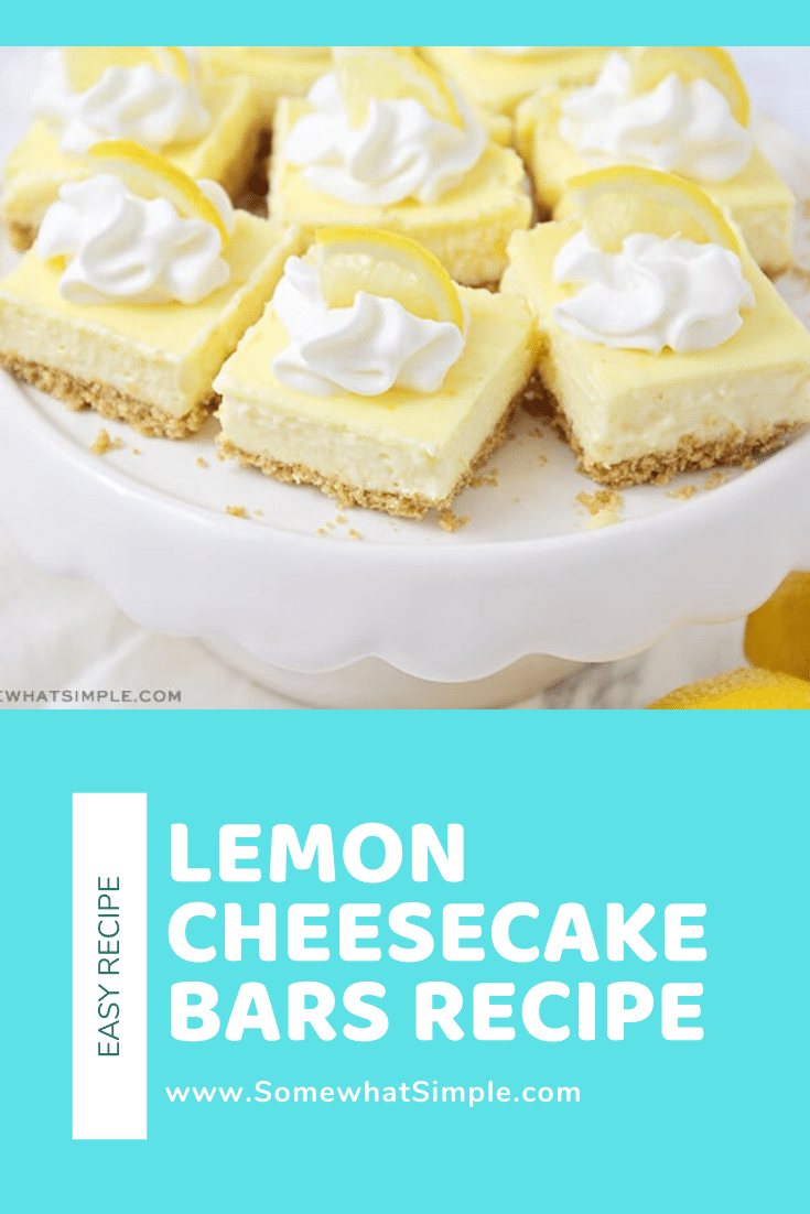 Perfectly light and sweet, these lemon cheesecake bars are great for a spring or summer dessert! Made with a graham cracker base and a delicious lemon cheesecake filling, these bars are simply irresistible. #lemoncheesecakebars #easylemoncheesecakebars #lemondessertrecipe #bestlemondessert #cheesecakebarrecipe via @somewhatsimple