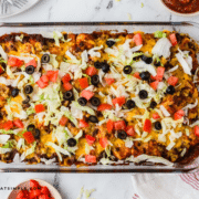 overhead shot of Mexican Bubble Pizza in a casserole dish