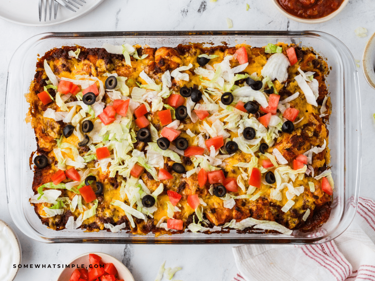 overhead shot of Mexican Bubble Pizza in a casserole dish