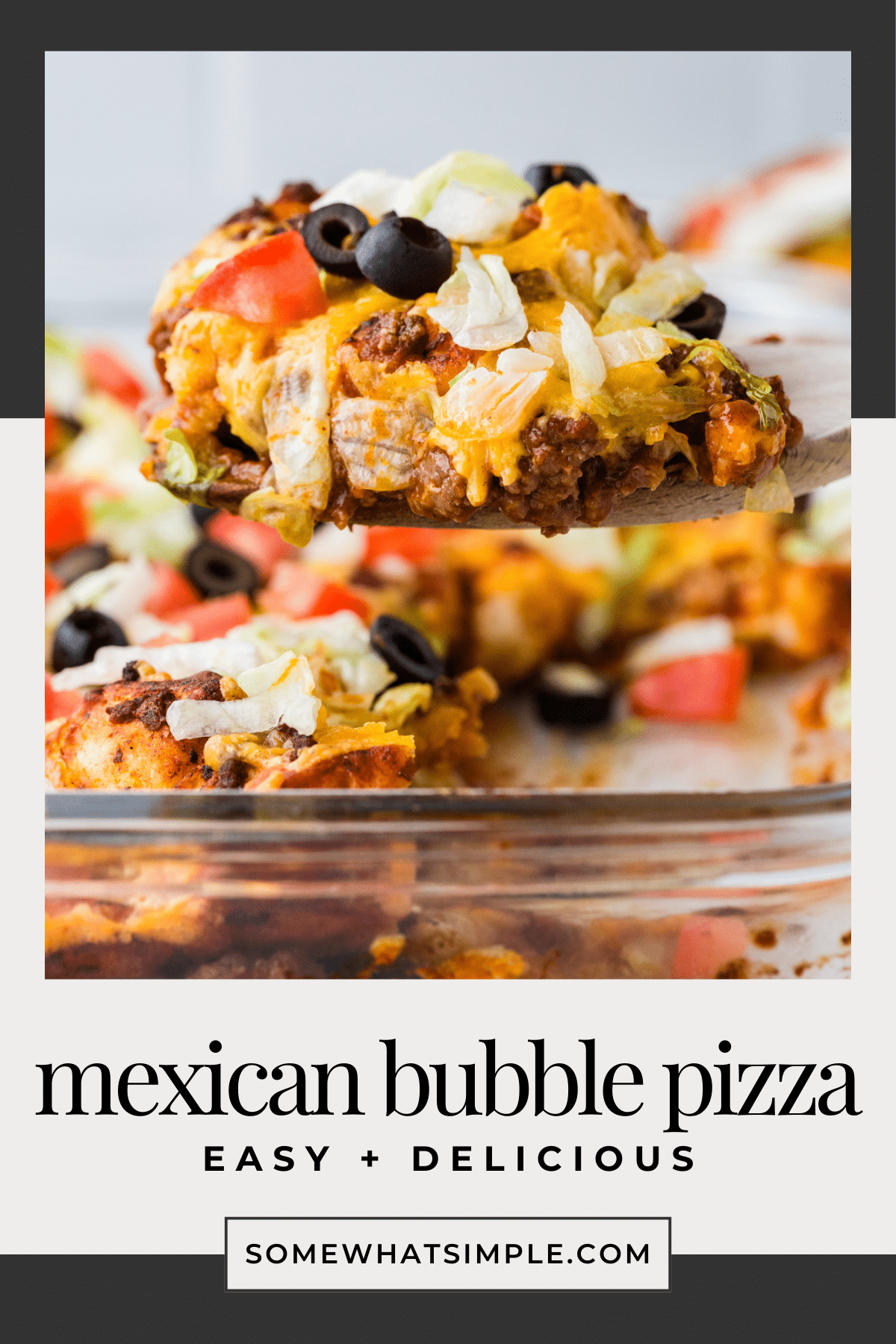 A simple, tasty dinner that your family will LOVE. This Mexican Bubble Pizza is a new family favorite! Made with ground beef, biscuits and your favorite toppings, this dinner idea is super easy to make and tastes fantastic! Add it to your menu for the week! #mexicanbubblepizza #easydinnerrecipe #howtomakebubblepizza #easymexicandinneridea #bubblepizza via @somewhatsimple