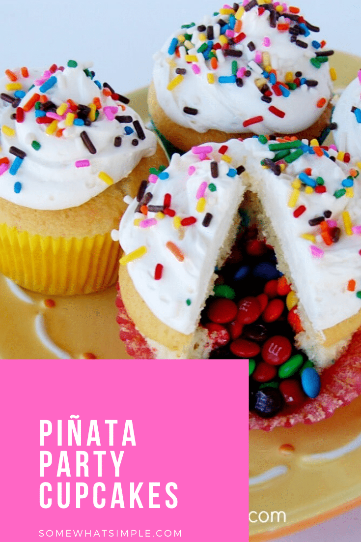 These Piñata Cupcakes are a fun dessert idea that your guests will love! They're easy to make and everyone will be talking about them. Filled with your favorite candy, these are guaranteed to be a huge hit! #dessert #cupcakes #dessertrecipe #pinatacupcakes #diypinatacupcakes #howtomakepinatacupcakes #cincodemayo via @somewhatsimple