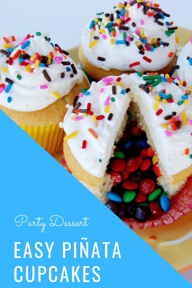 These Piñata Cupcakes are a fun dessert idea that your guests will love! They're easy to make and everyone will be talking about them. Filled with your favorite candy, these are guaranteed to be a huge hit! #dessert #cupcakes #dessertrecipe #pinatacupcakes #diypinatacupcakes #howtomakepinatacupcakes #cincodemayo via @somewhatsimple