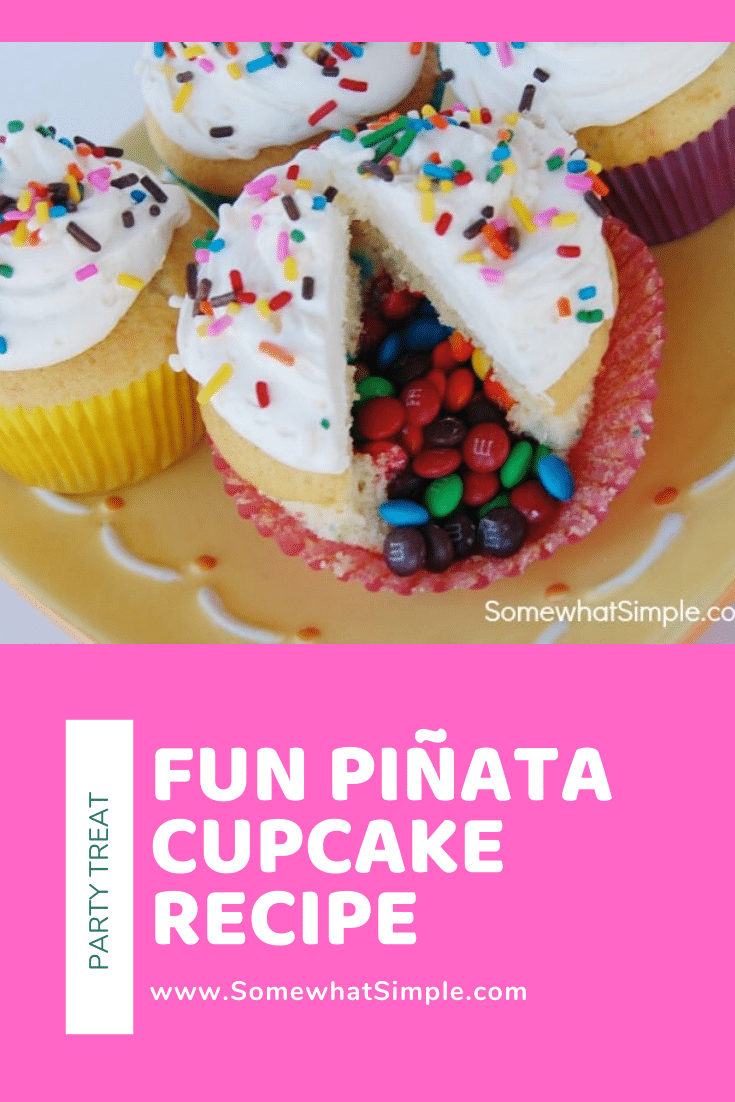 These Piñata Cupcakes are a fun dessert idea that your guests will love! They're easy to make and everyone will be talking about them. Filled with your favorite candy, these are guaranteed to be a huge hit! #dessert #cupcakes #dessertrecipe #pinatacupcakes #diypinatacupcakes #howtomakepinatacupcakes #cincodemayo via @somewhatsimple