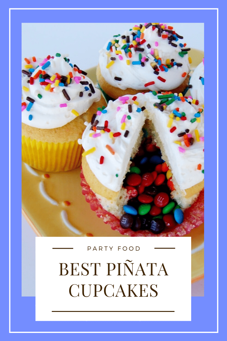 These Piñata Cupcakes are a fun dessert idea that your guests will love! They're easy to make and everyone will be talking about them. Filled with your favorite candy, these are guaranteed to be a huge hit! #dessert #cupcakes #dessertrecipe #pinatacupcakes #diypinatacupcakes #howtomakepinatacupcakes #cincodemayo via @somewhatsimple
