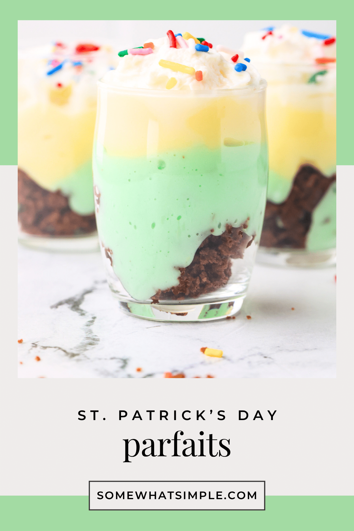 A vanilla pistachio parfait is a delicious way to celebrate St. Patrick's Day. This easy recipe is made with creamy vanilla and pistachio pudding over a bed a brownie crumbs. Ready in seconds, this is an easy dessert to make for a party or an afternoon snack. #stpatricksdayparfait #pistachioparfait #pistachioparfaitrecipe #pistachiopuddingparfait via @somewhatsimple
