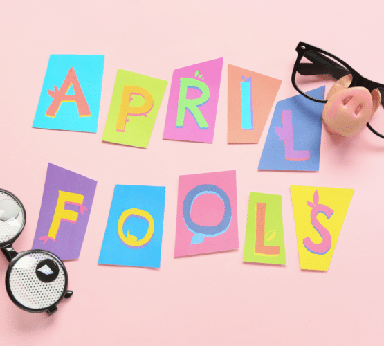 letters cut from paper that spell "april fools"