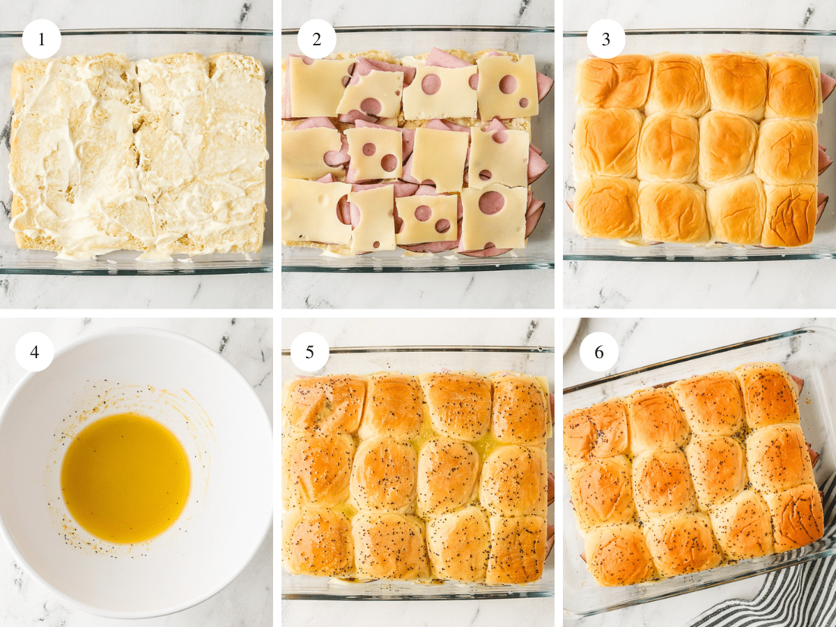 collage of pictured directions to make Ham and Cheese Sliders