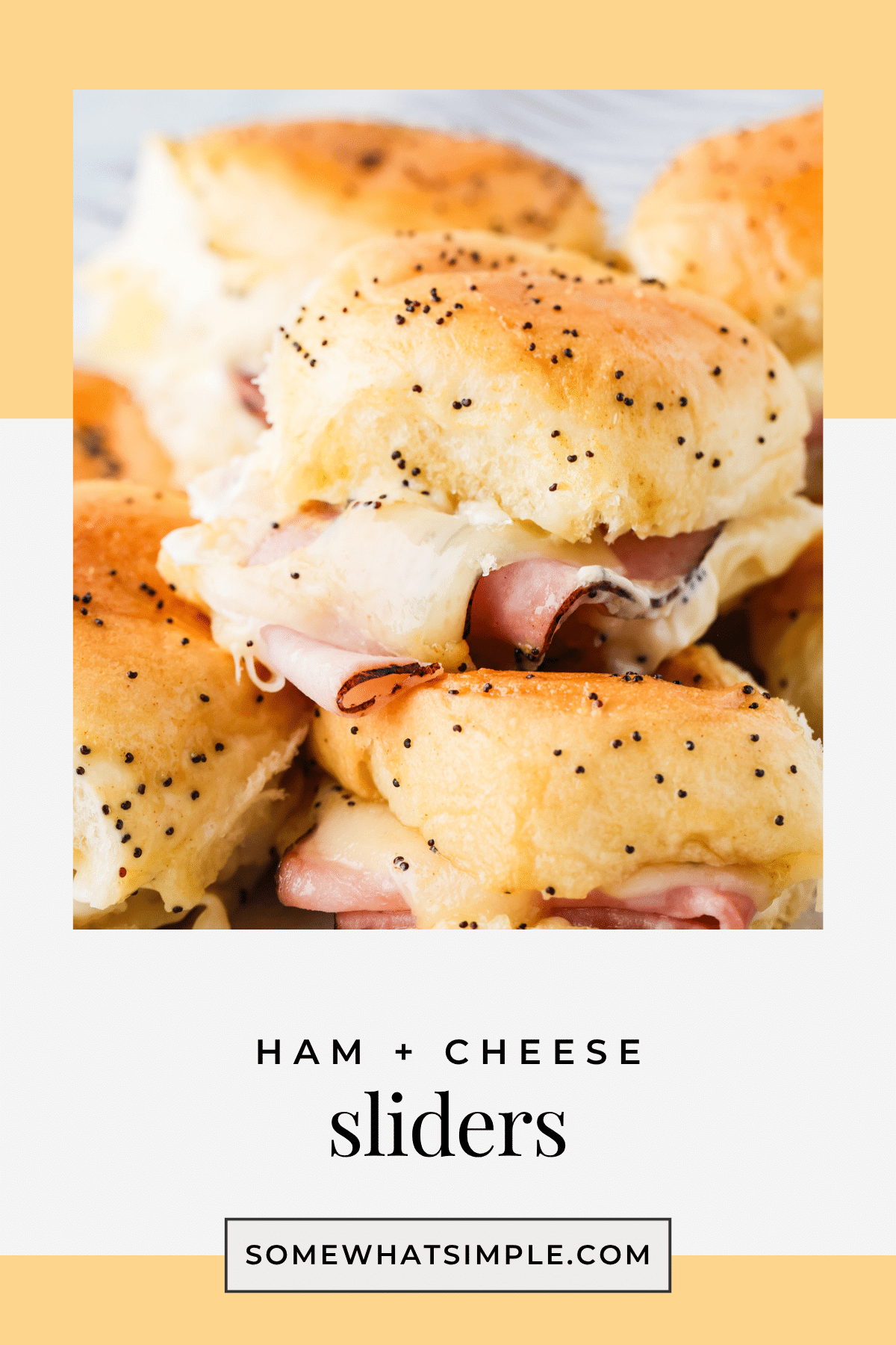 Juicy ham and Swiss cheese inside soft Hawaiian rolls brushed with a buttery topping that's baked is absolutely delicious! These Ham and Cheese Sliders are perfect as a simple dinner or feeding a crowd and could not be any easier to make! #hamsliders #hamandswisssliders #howtomakehamandcheesesliders #hamandcheesesliderrecipe #hawaiianrollhamsliders via @somewhatsimple