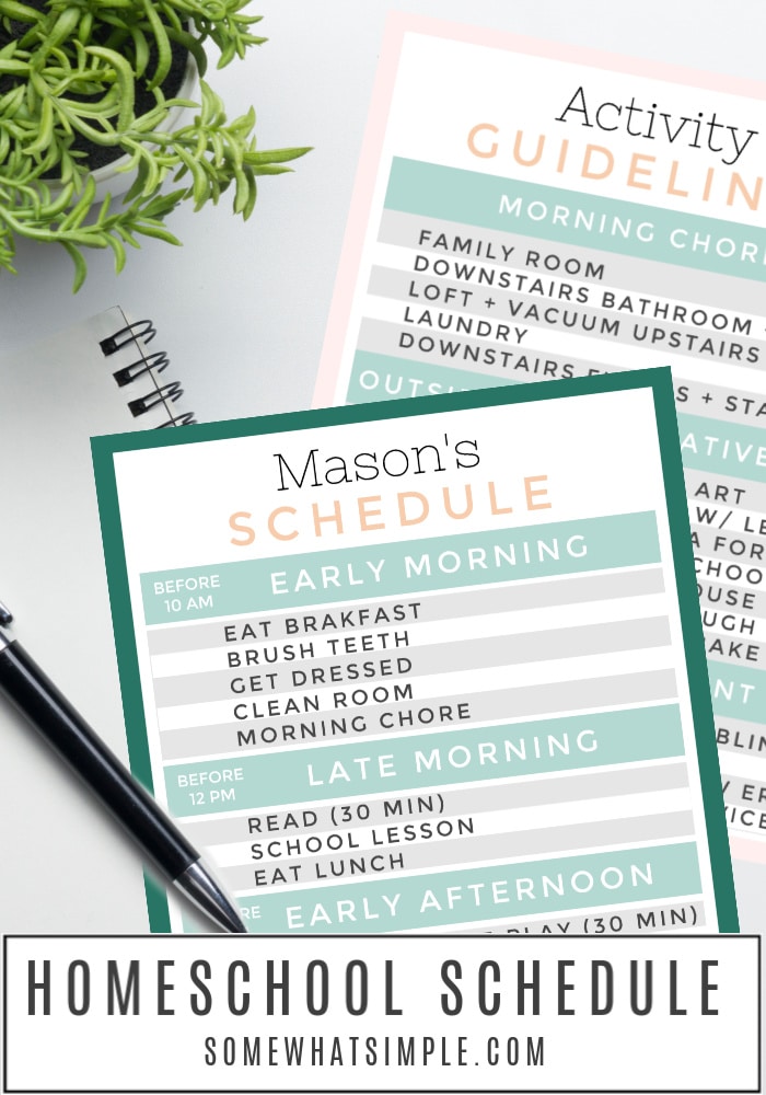 Add some structure and variety to your day with our free printable Homeschool Schedule. Download, print, and edit it to fit your family's routine. #homeschool #chedule #printable #chorechart #checklist via @somewhatsimple