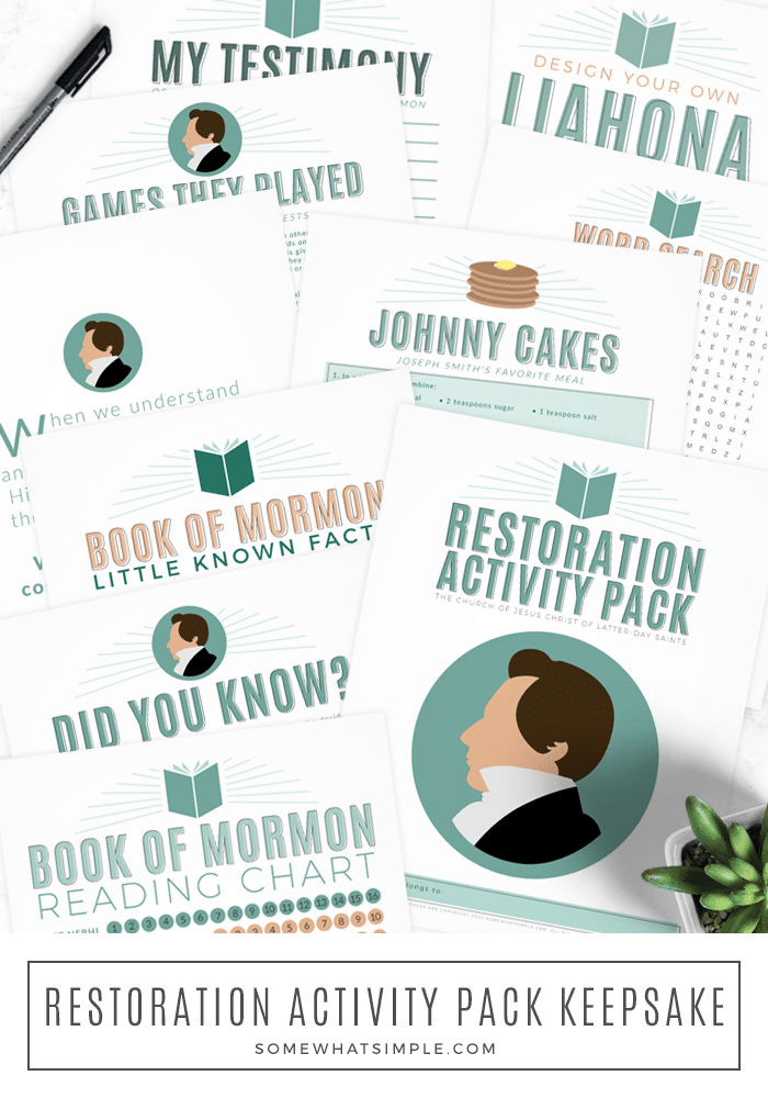 Our printable LDS Restoration Activity pack will help your family prepare for a memorable General Conference! This printable packet is FREE and comes with several activities that will help your family learn more about the Restoration. #generalconference #restoration #activity #kids #freeprintables #LDS #churchofjesuschrist #latterdaysaints via @somewhatsimple