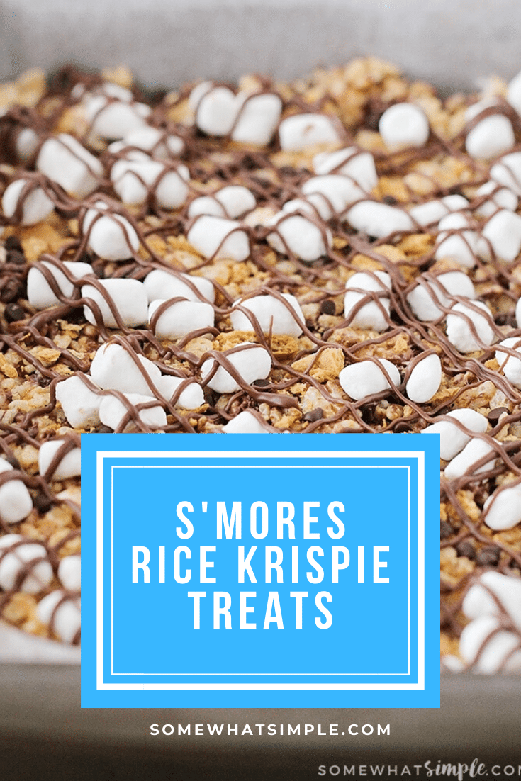 S'mores rice krispie treats are a delicious variation on a classic camping treat! They're fast & easy to make, and taste amazing! Made with the delicious combo of marshmallows, graham crackers and chocolate, there's no rice krispie treat quite like these. via @somewhatsimple