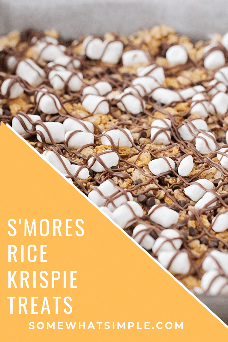 S'mores rice krispie treats are a delicious variation on a classic camping treat! They're fast & easy to make, and taste amazing! Made with the delicious combo of marshmallows, graham crackers and chocolate, there's no rice krispie treat quite like these. via @somewhatsimple