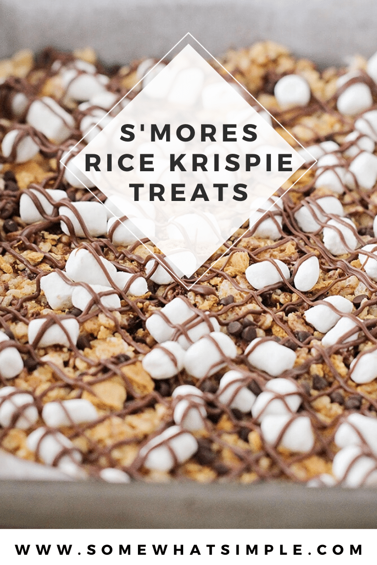 S'mores rice krispie treats are a delicious variation on a classic camping treat! They're fast & easy to make, and taste amazing! Made with the delicious combo of marshmallows, graham crackers and chocolate, there's no rice krispie treat quite like these. via @somewhatsimple