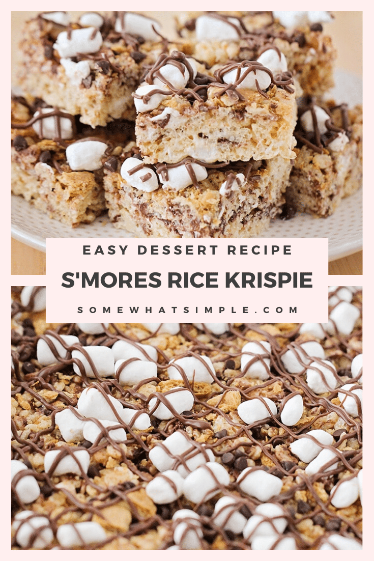 S'mores rice krispie treats are a delicious variation on a classic camping treat! They're fast & easy to make, and taste amazing! Made with the delicious combo of marshmallows, graham crackers and chocolate, there's no rice krispie treat quite like these. via @somewhatsimple