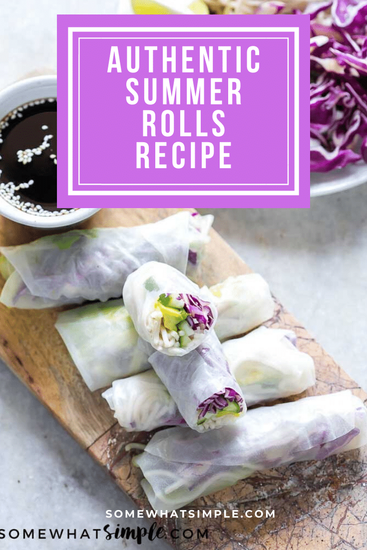 These summer rolls are super easy make and are perfect for either lunch or dinner!  These rolls are super healthy and are vegan, gluten and nut-free so just about anyone an enjoy them! #summerrolls #authenticsummerrolls #glutenfree #vegan #nutfree #vietnamesesummerrolls via @somewhatsimple
