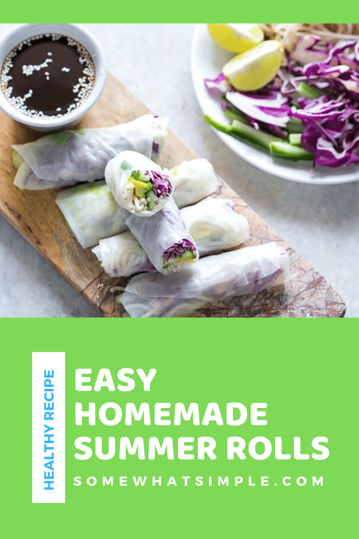 These summer rolls are super easy make and are perfect for either lunch or dinner!  These rolls are super healthy and are vegan, gluten and nut-free so just about anyone an enjoy them! #summerrolls #authenticsummerrolls #glutenfree #vegan #nutfree #vietnamesesummerrolls via @somewhatsimple