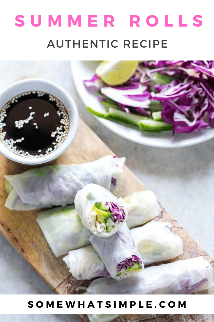 These summer rolls are super easy make and are perfect for either lunch or dinner!  These rolls are super healthy and are vegan, gluten and nut-free so just about anyone an enjoy them! #summerrolls #authenticsummerrolls #glutenfree #vegan #nutfree #vietnamesesummerrolls via @somewhatsimple