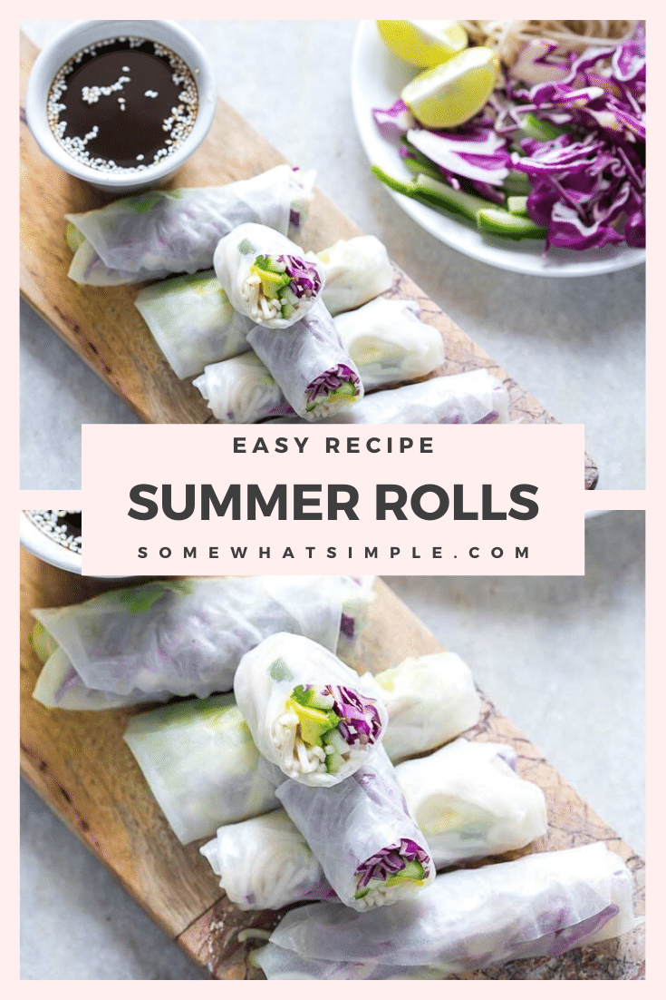 These summer rolls are super easy make and are perfect for either lunch or dinner!  These rolls are super healthy and are vegan, gluten and nut-free so just about anyone an enjoy them! #summerrolls #authenticsummerrolls #glutenfree #vegan #nutfree #vietnamesesummerrolls via @somewhatsimple