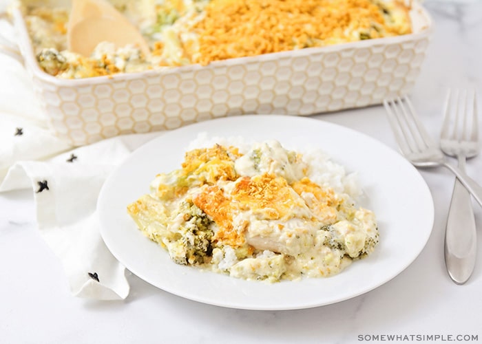 A plate full of chicken divan with a casserole dish full of this easy recipe 