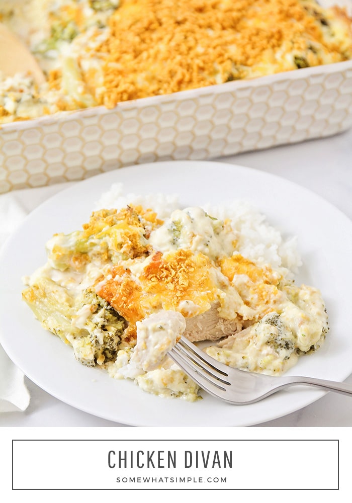 A family favorite dish in our home, this recipe for chicken divan is super simple to make and it tastes delicious!!! Made with chicken, fresh broccoli, a creamy sauce and a layer of cheese, this dinner recipe is super easy to make and tastes amazing! #chickendivanrecipe #easychickenrecipe #recipe #dinner #easydinneridea #chickendivan via @somewhatsimple